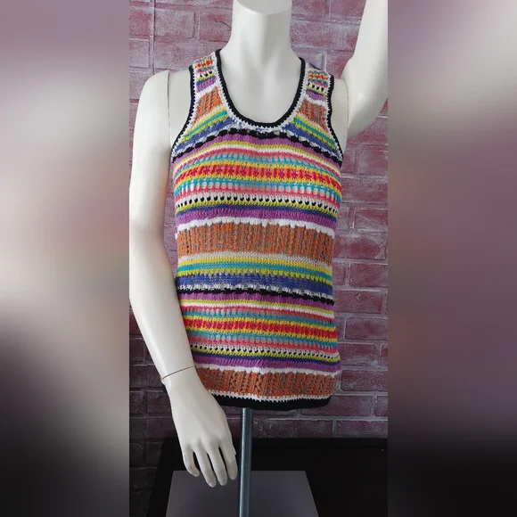 Trina Turk Crochet Sleeveless Tank Sweater Vest Sz S Textured Multicolor Stripes - Picture 3 of 12